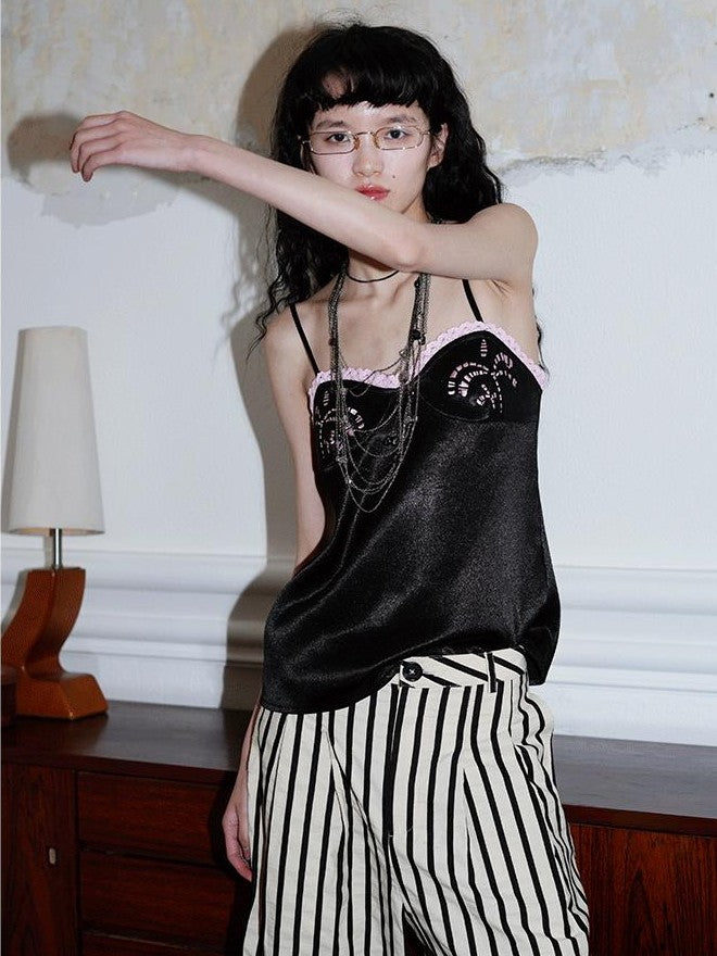 badtaste Subtle Sheen New Chinese Embroidered Floral Loose Retro Women's Satin Camisoles