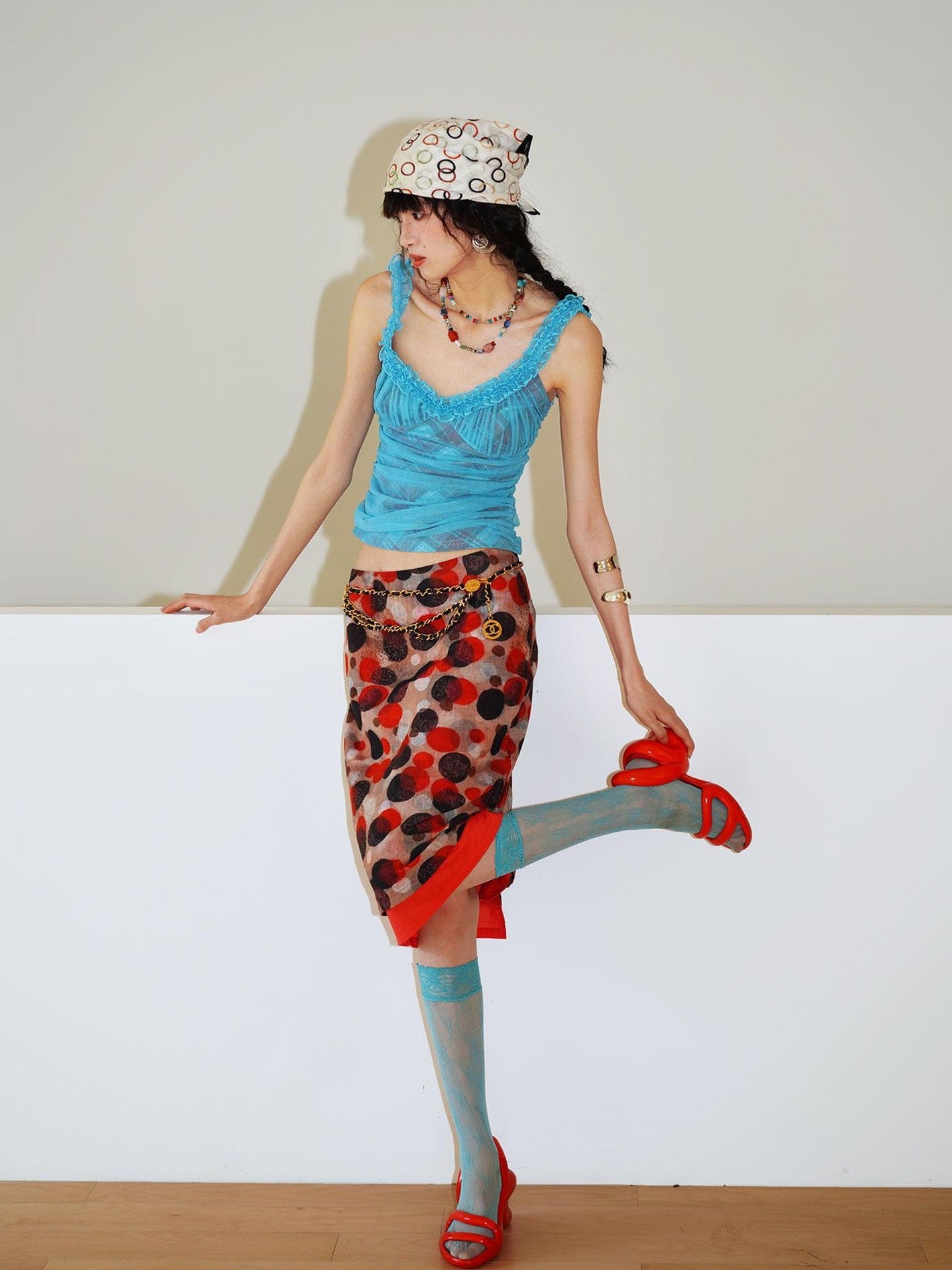 badtaste Teal Low Waist Faux Two Piece Double Layer Women's Pencil Skirts