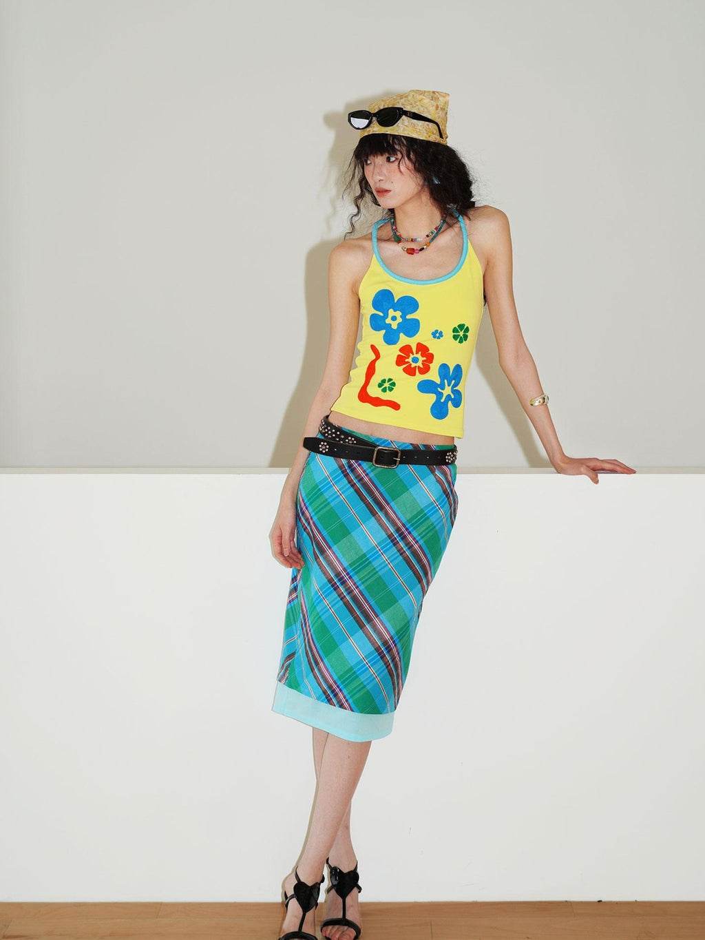 badtaste Teal Low Waist Faux Two Piece Double Layer Women's Pencil Skirts