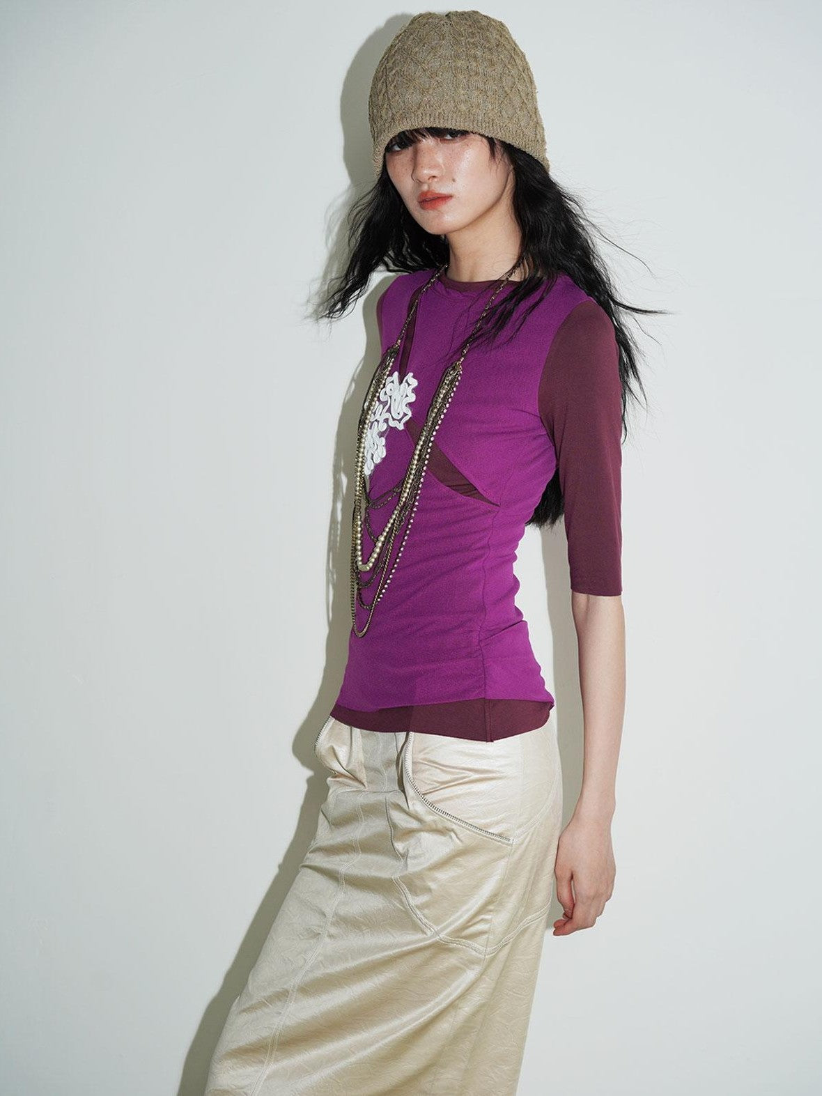 badtaste Textured Jacquard Double Layer Colorblock Women's Knit Short Sleeve T-shirts