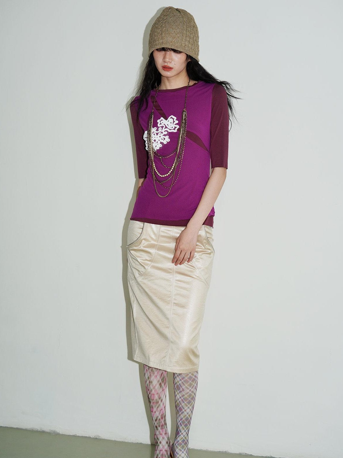 badtaste Textured Jacquard Double Layer Colorblock Women's Knit Short Sleeve T-shirts