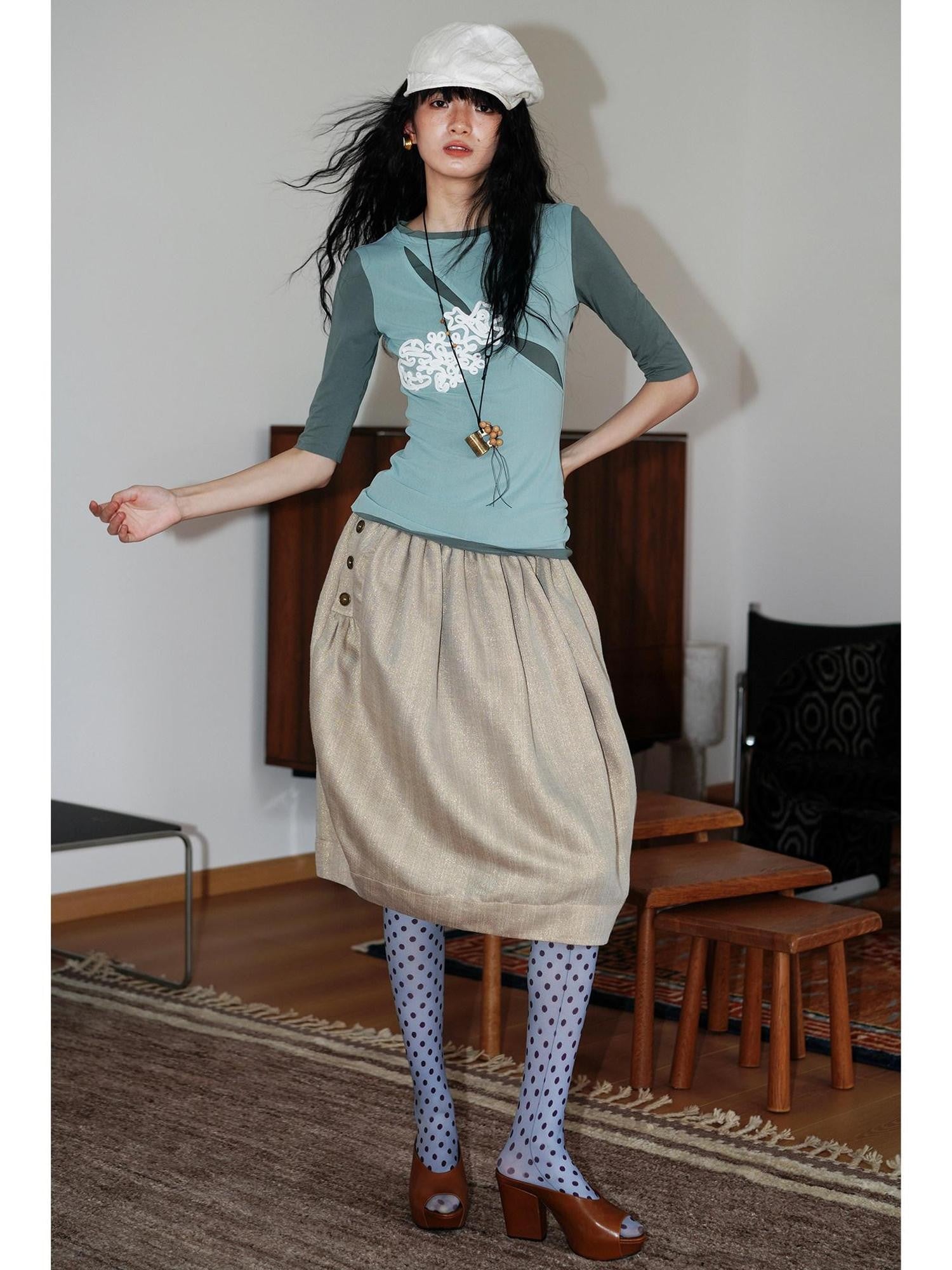 badtaste Textured Jacquard Double Layer Colorblock Women's Knit Short Sleeve T-shirts