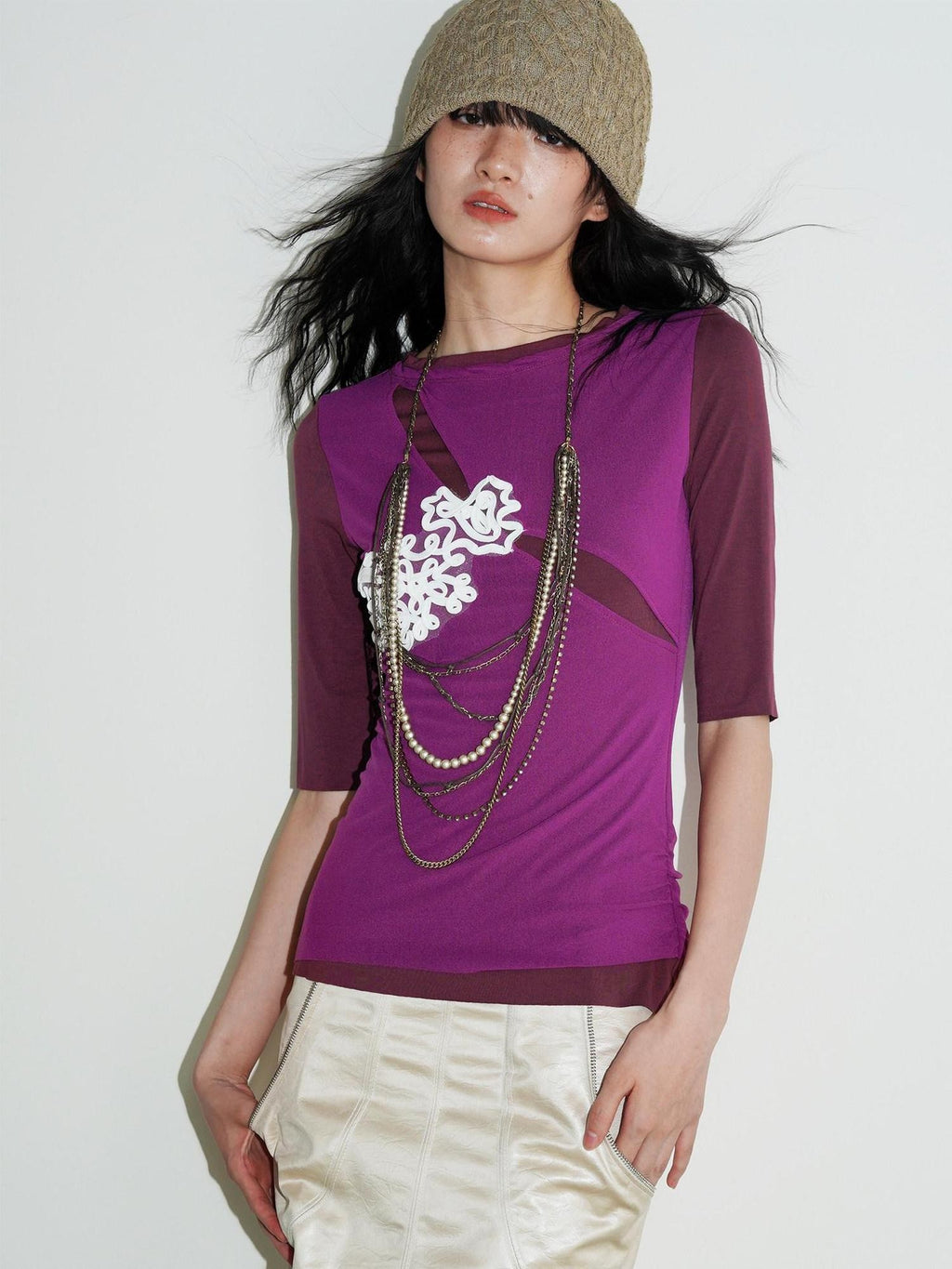 badtaste Textured Jacquard Double Layer Colorblock Women's Knit Short Sleeve T-shirts