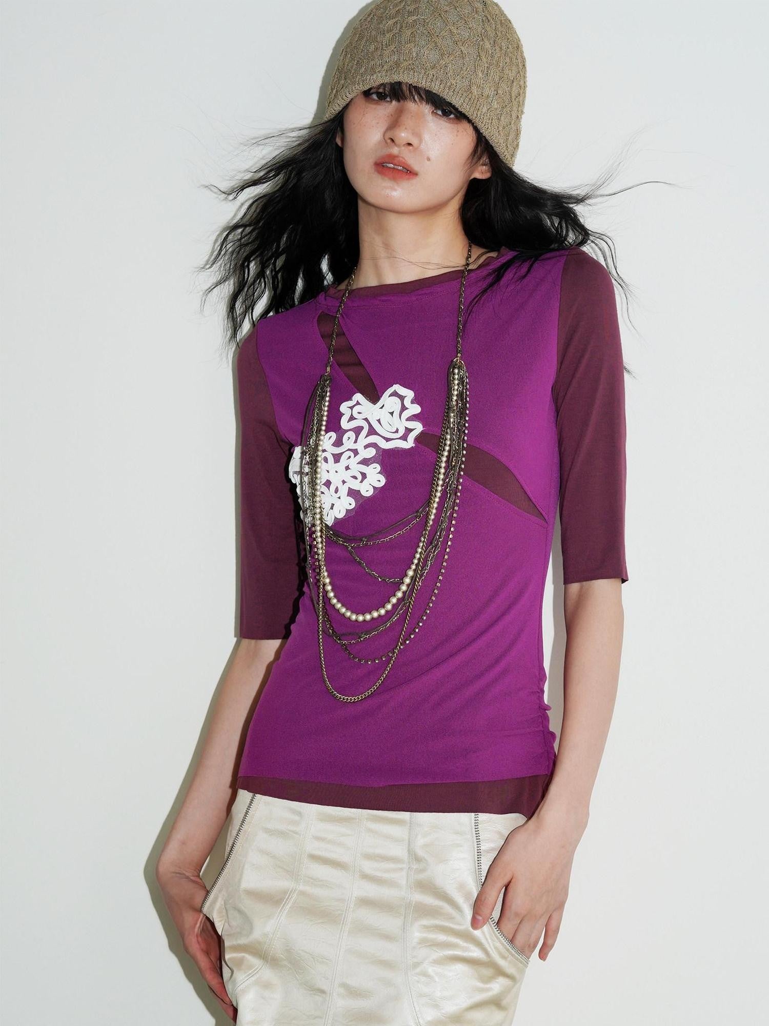 badtaste Textured Jacquard Double Layer Colorblock Women's Knit Short Sleeve T-shirts