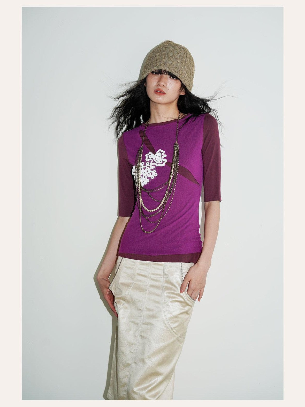 badtaste Textured Jacquard Double Layer Colorblock Women's Knit Short Sleeve T-shirts