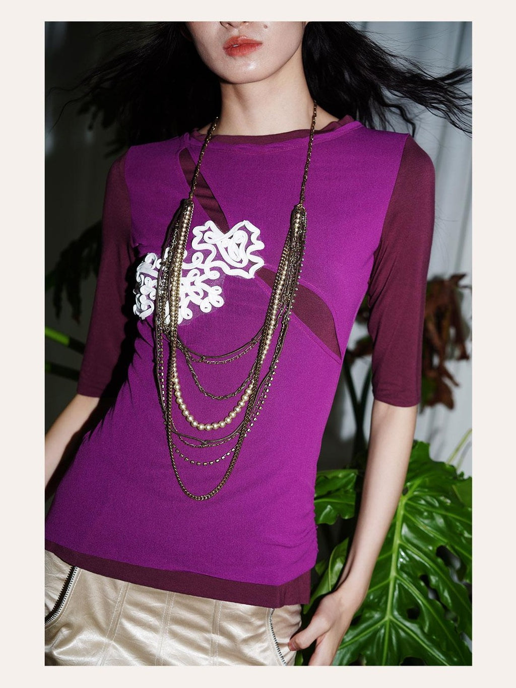 badtaste Textured Jacquard Double Layer Colorblock Women's Knit Short Sleeve T-shirts