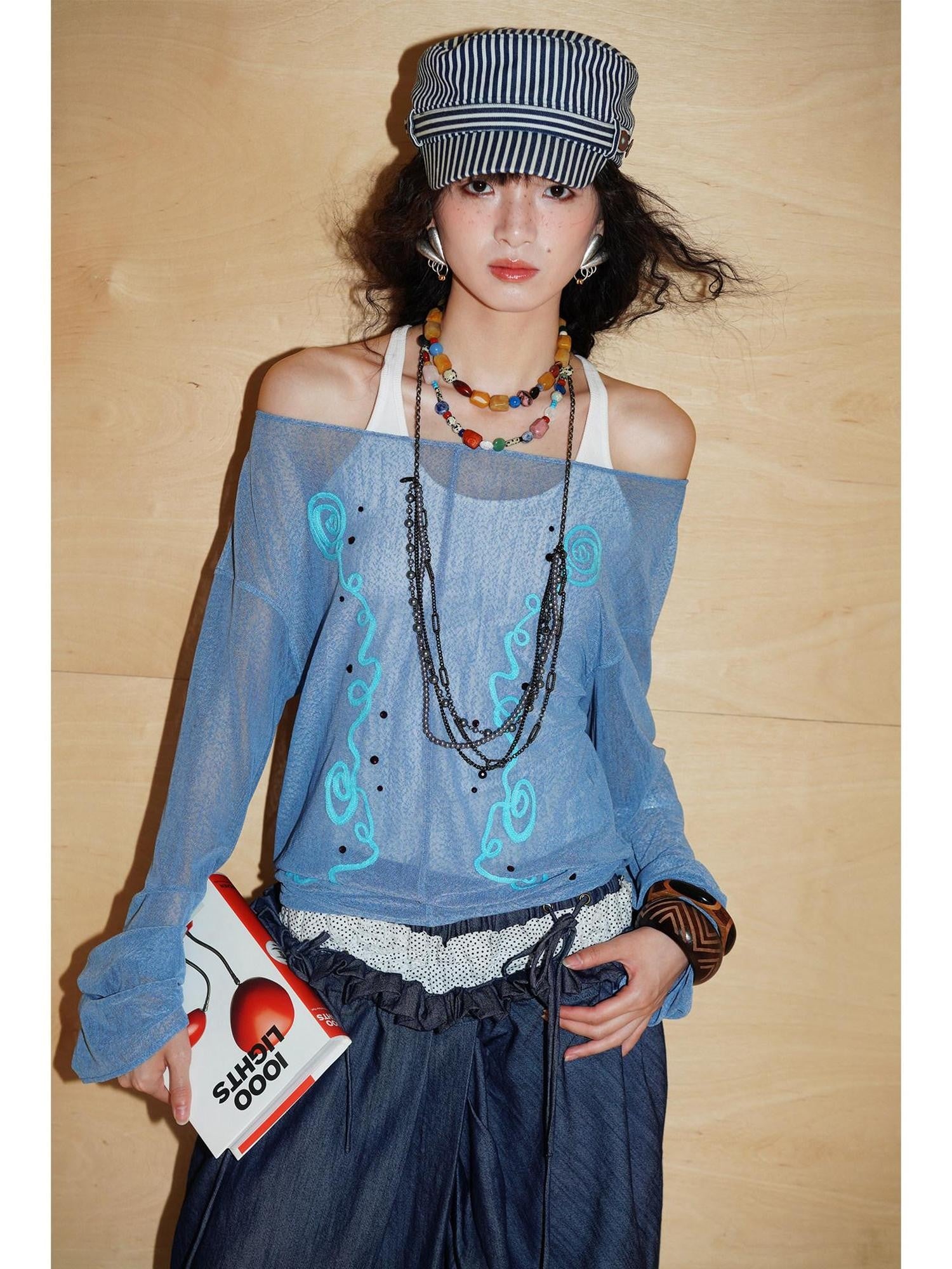 badtaste Textured Sheer Embroidered Rhinestone Floral Women's Mesh Long Sleeve T-shirts