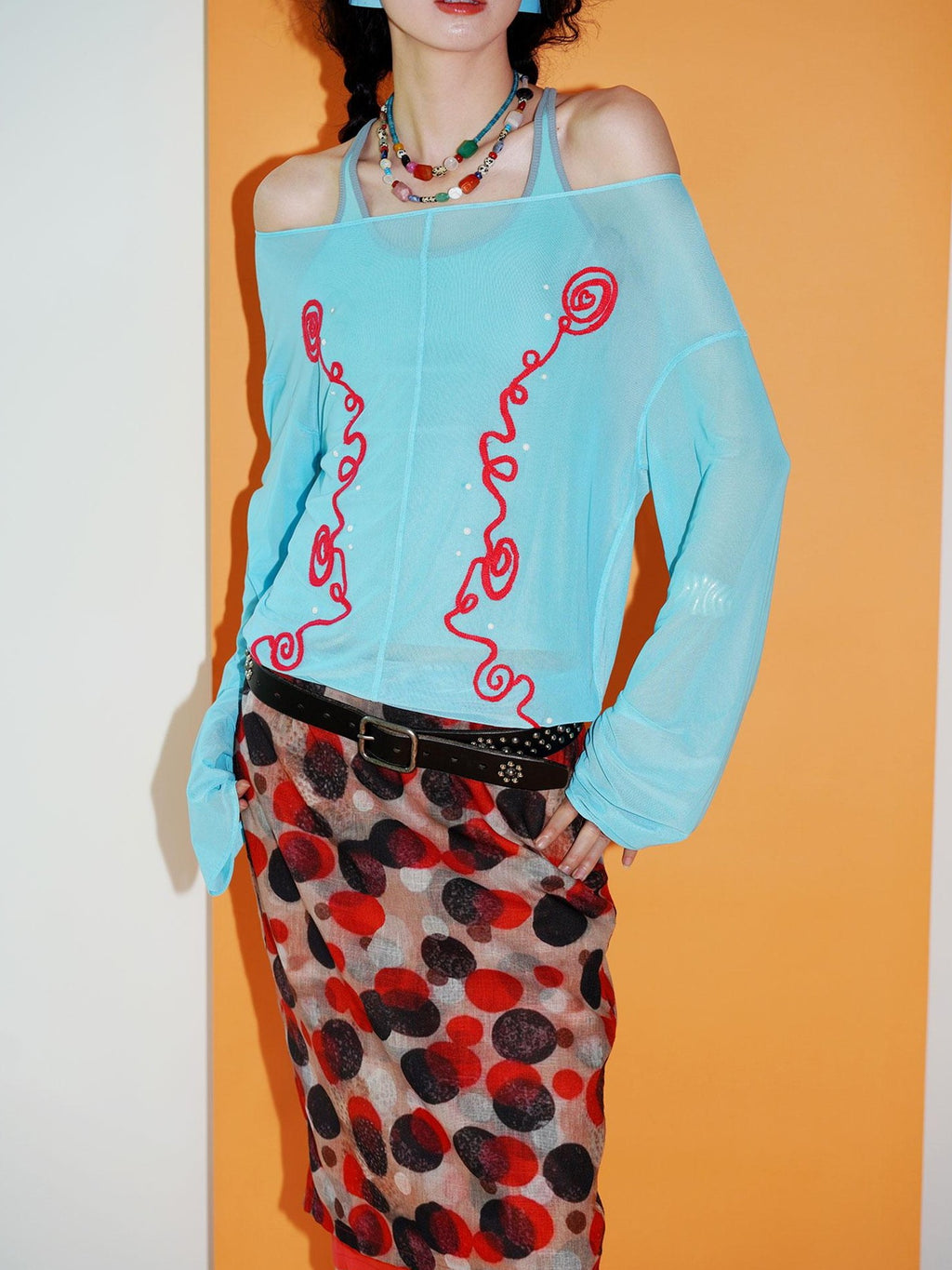 badtaste Textured Sheer Embroidered Rhinestone Floral Women's Mesh Long Sleeve T-shirts