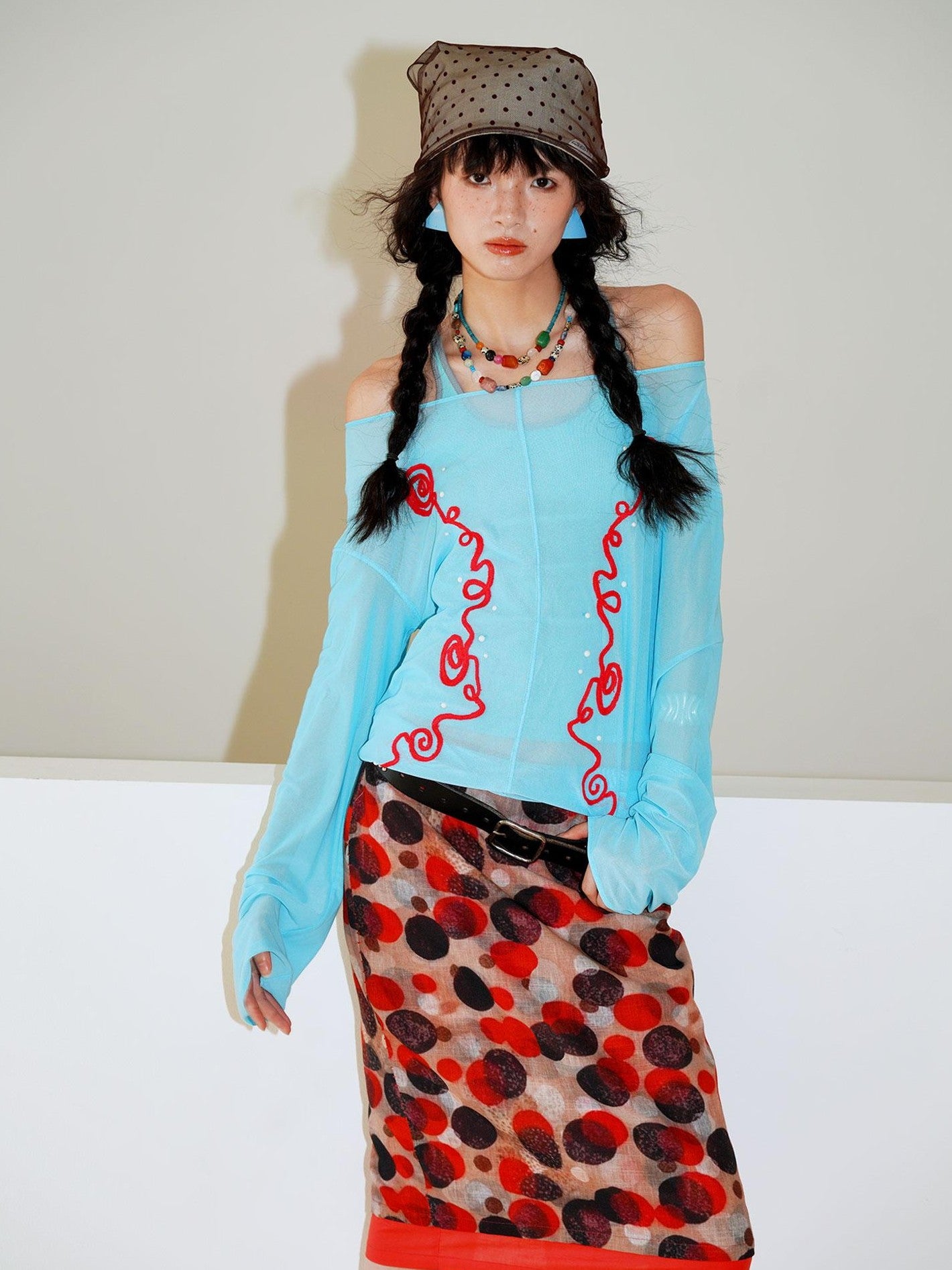 badtaste Textured Sheer Embroidered Rhinestone Floral Women's Mesh Long Sleeve T-shirts