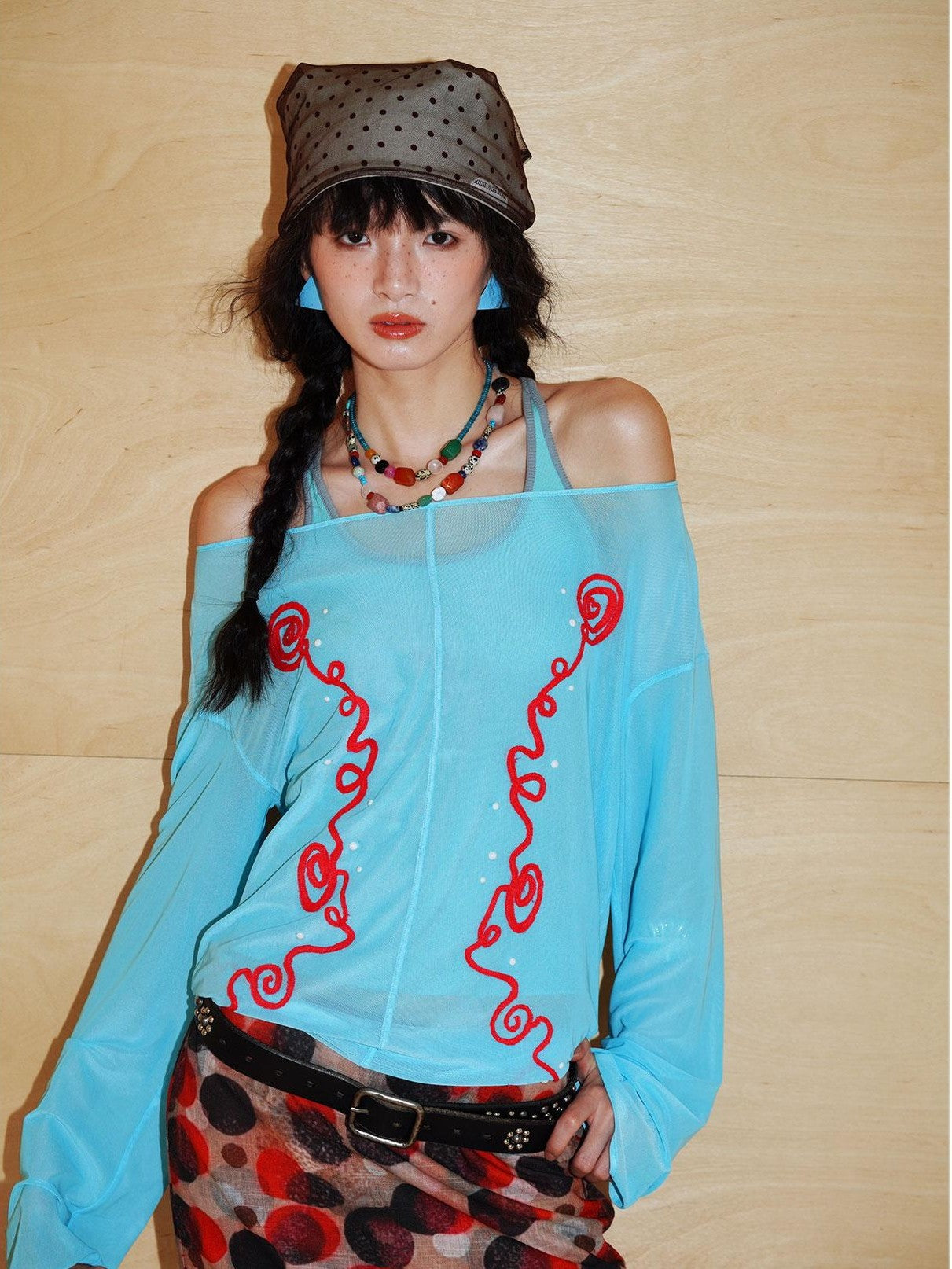 badtaste Textured Sheer Embroidered Rhinestone Floral Women's Mesh Long Sleeve T-shirts