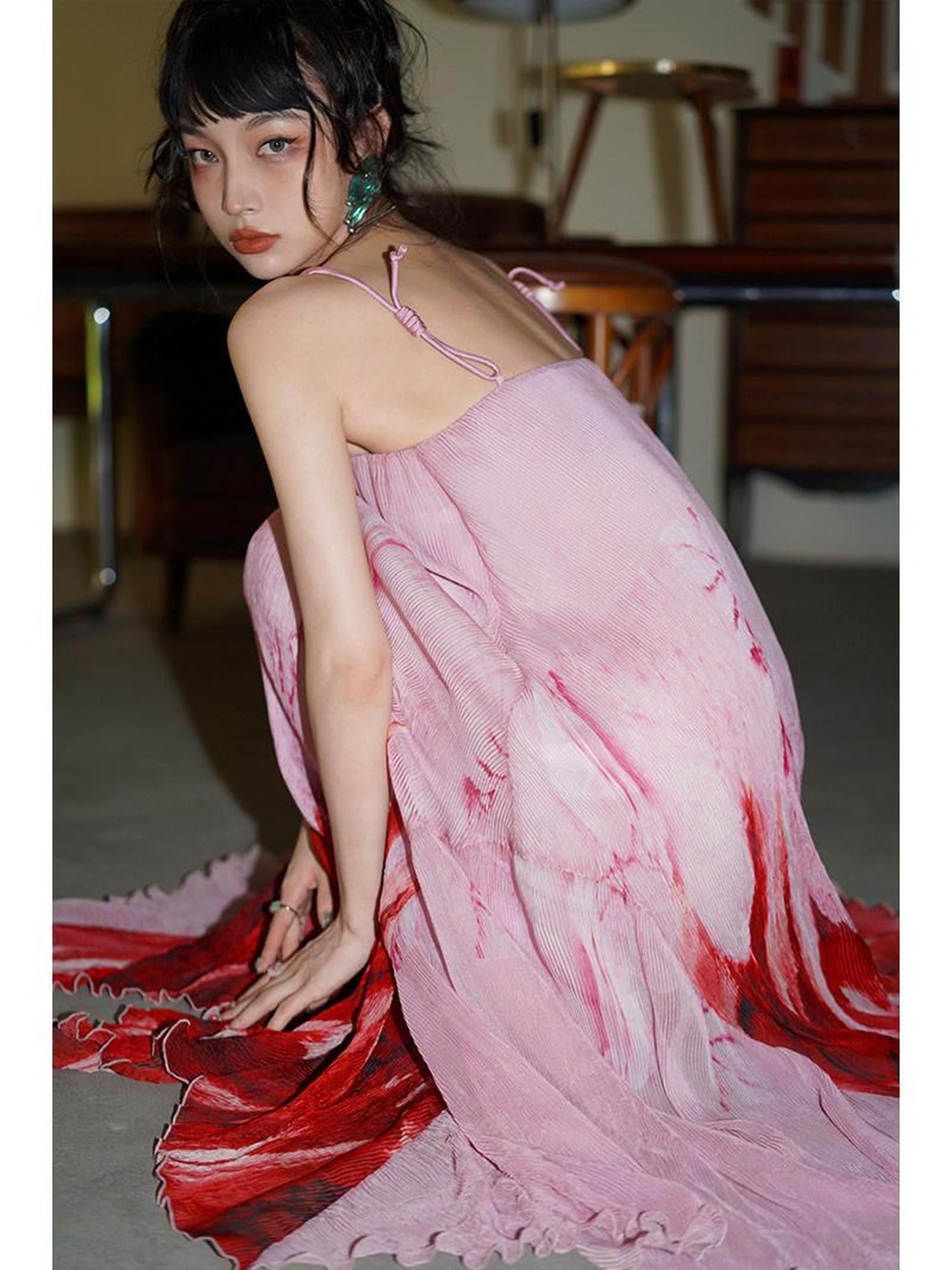 badtaste Tie Dye Gradient Pleated Irregular Hem Spaghetti Strap Women's Slip Maxi Dresses