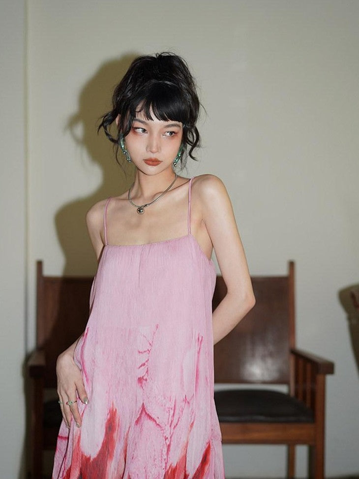 badtaste Tie Dye Gradient Pleated Irregular Hem Spaghetti Strap Women's Slip Maxi Dresses
