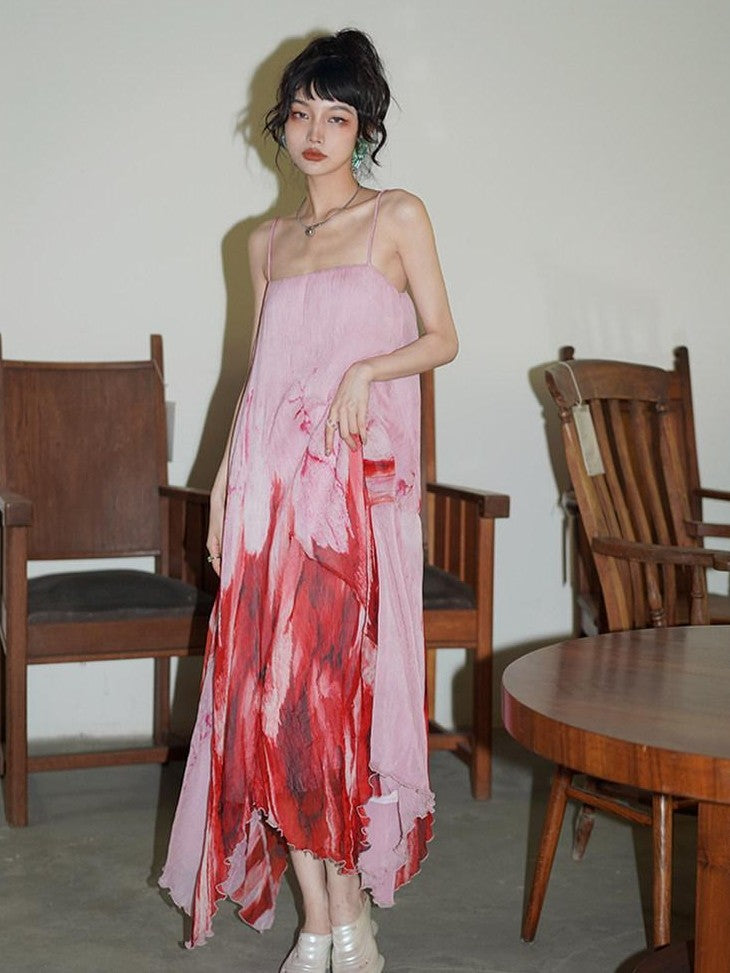 badtaste Tie Dye Gradient Pleated Irregular Hem Spaghetti Strap Women's Slip Maxi Dresses