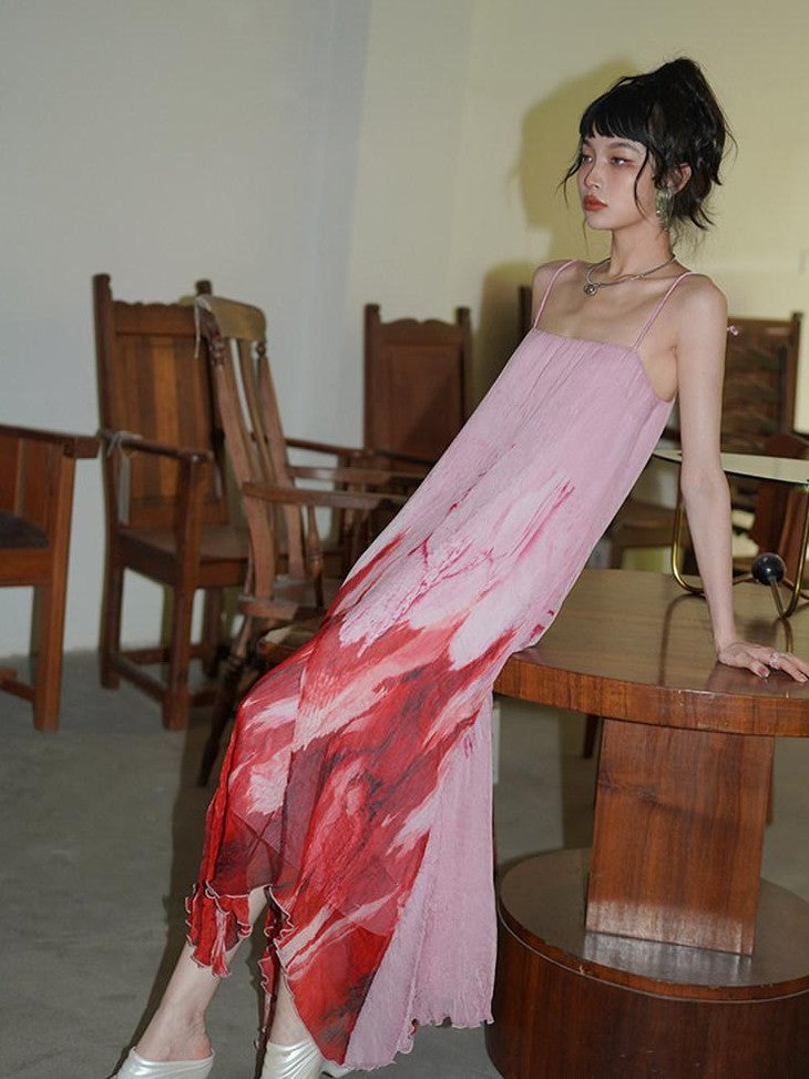 badtaste Tie Dye Gradient Pleated Irregular Hem Spaghetti Strap Women's Slip Maxi Dresses