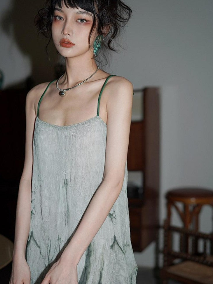 badtaste Tie Dye Gradient Pleated Irregular Hem Spaghetti Strap Women's Slip Maxi Dresses