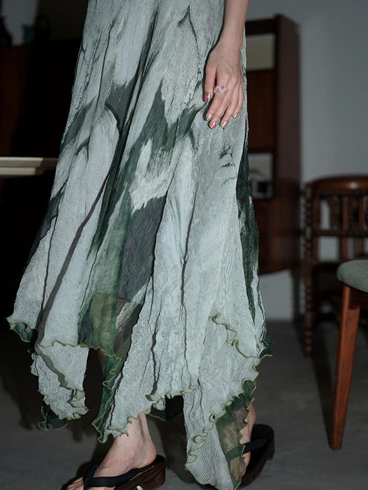 badtaste Tie Dye Gradient Pleated Irregular Hem Spaghetti Strap Women's Slip Maxi Dresses