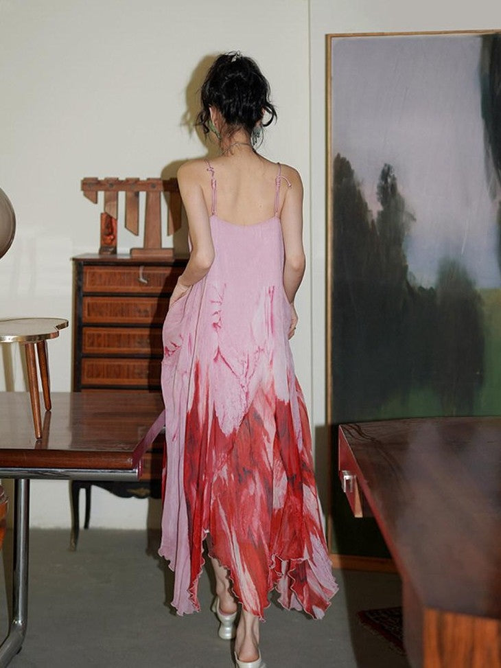 badtaste Tie Dye Gradient Pleated Irregular Hem Spaghetti Strap Women's Slip Maxi Dresses