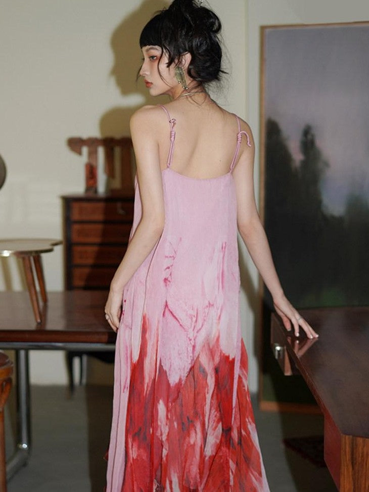 badtaste Tie Dye Gradient Pleated Irregular Hem Spaghetti Strap Women's Slip Maxi Dresses