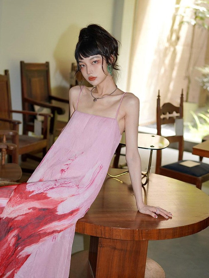 badtaste Tie Dye Gradient Pleated Irregular Hem Spaghetti Strap Women's Slip Maxi Dresses