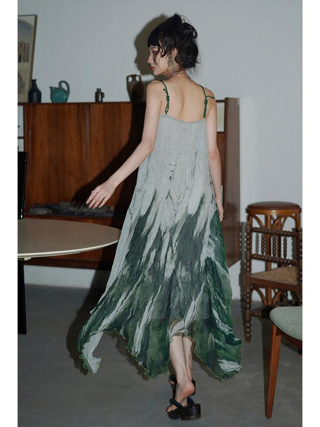 badtaste Tie Dye Gradient Pleated Irregular Hem Spaghetti Strap Women's Slip Maxi Dresses