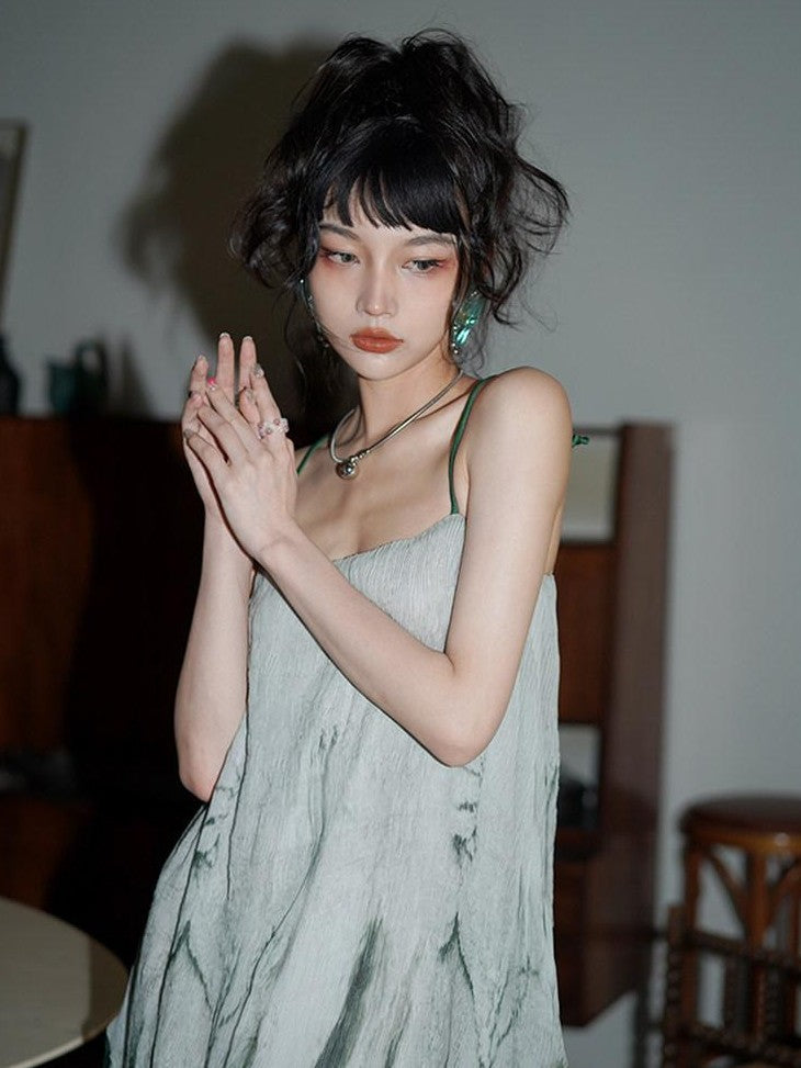 badtaste Tie Dye Gradient Pleated Irregular Hem Spaghetti Strap Women's Slip Maxi Dresses