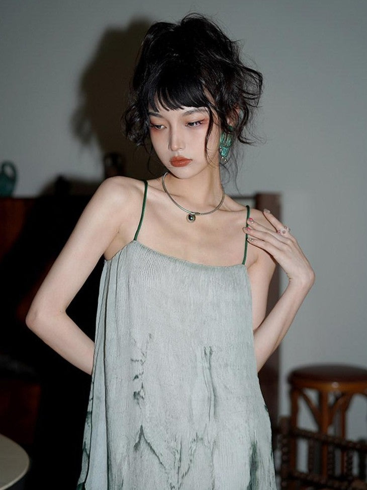 badtaste Tie Dye Gradient Pleated Irregular Hem Spaghetti Strap Women's Slip Maxi Dresses