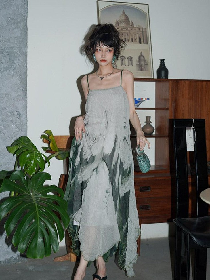 badtaste Tie Dye Gradient Pleated Irregular Hem Spaghetti Strap Women's Slip Maxi Dresses