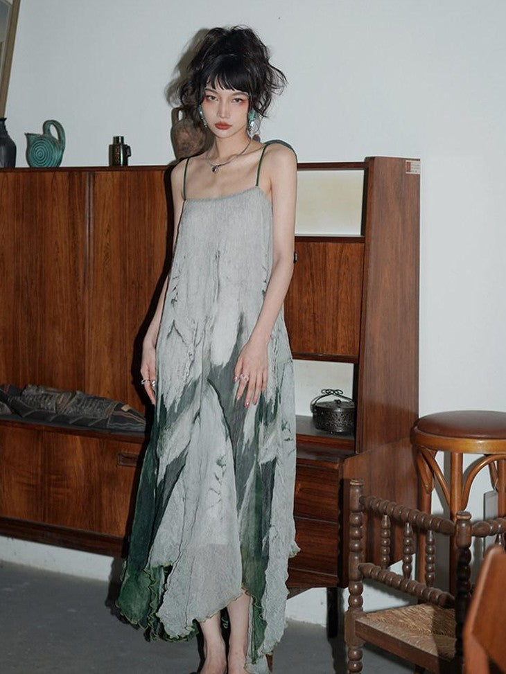 badtaste Tie Dye Gradient Pleated Irregular Hem Spaghetti Strap Women's Slip Maxi Dresses