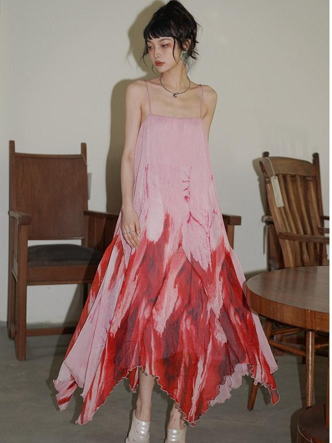 badtaste Tie Dye Gradient Pleated Irregular Hem Spaghetti Strap Women's Slip Maxi Dresses