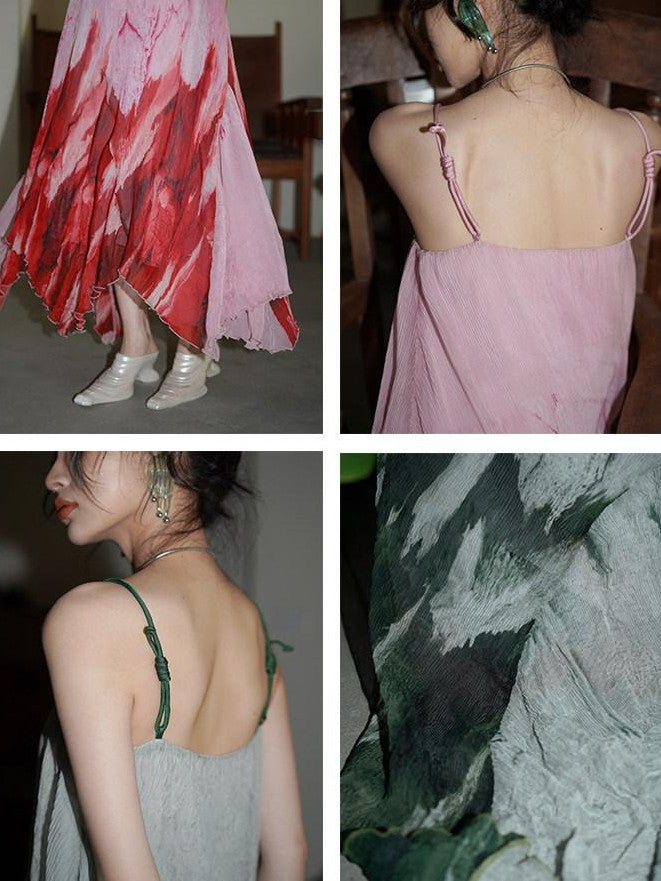 badtaste Tie Dye Gradient Pleated Irregular Hem Spaghetti Strap Women's Slip Maxi Dresses
