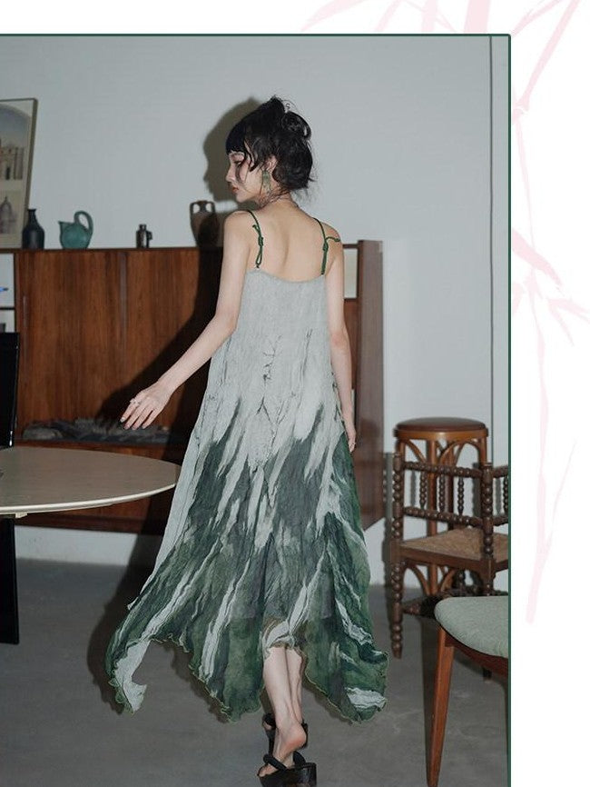 badtaste Tie Dye Gradient Pleated Irregular Hem Spaghetti Strap Women's Slip Maxi Dresses