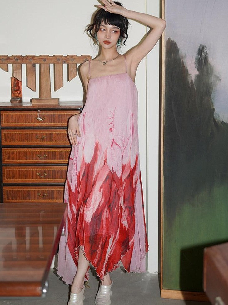 badtaste Tie Dye Gradient Pleated Irregular Hem Spaghetti Strap Women's Slip Maxi Dresses