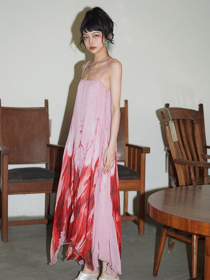 badtaste Tie Dye Gradient Pleated Irregular Hem Spaghetti Strap Women's Slip Maxi Dresses