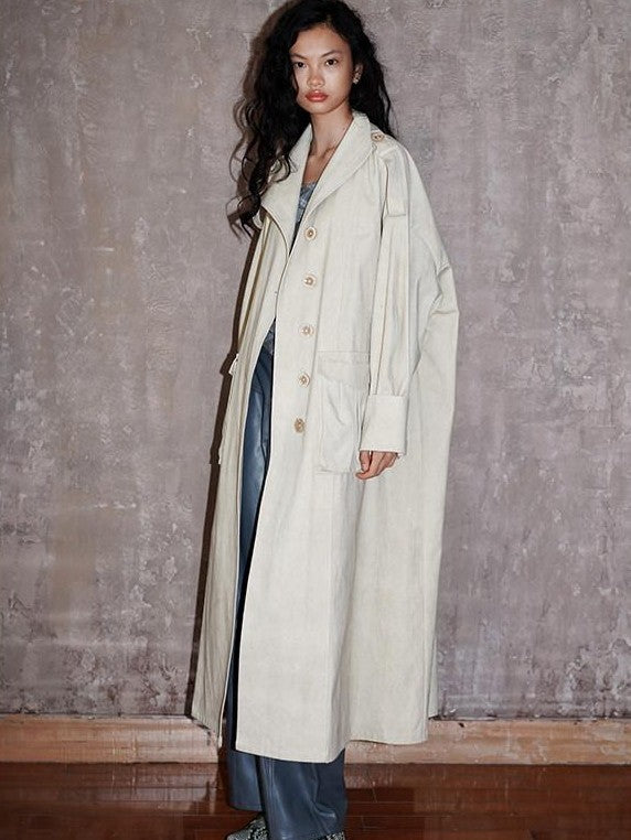 badtaste Tie Dye Scarf Two Piece Polo Collar Long Women's 100 Cotton Denim Trench Coats