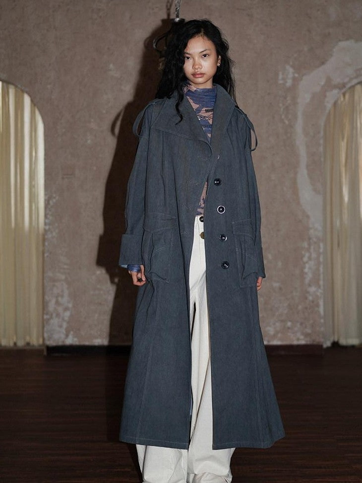 badtaste Tie Dye Scarf Two Piece Polo Collar Long Women's 100 Cotton Denim Trench Coats