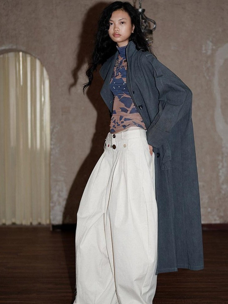 badtaste Tie Dye Scarf Two Piece Polo Collar Long Women's 100 Cotton Denim Trench Coats