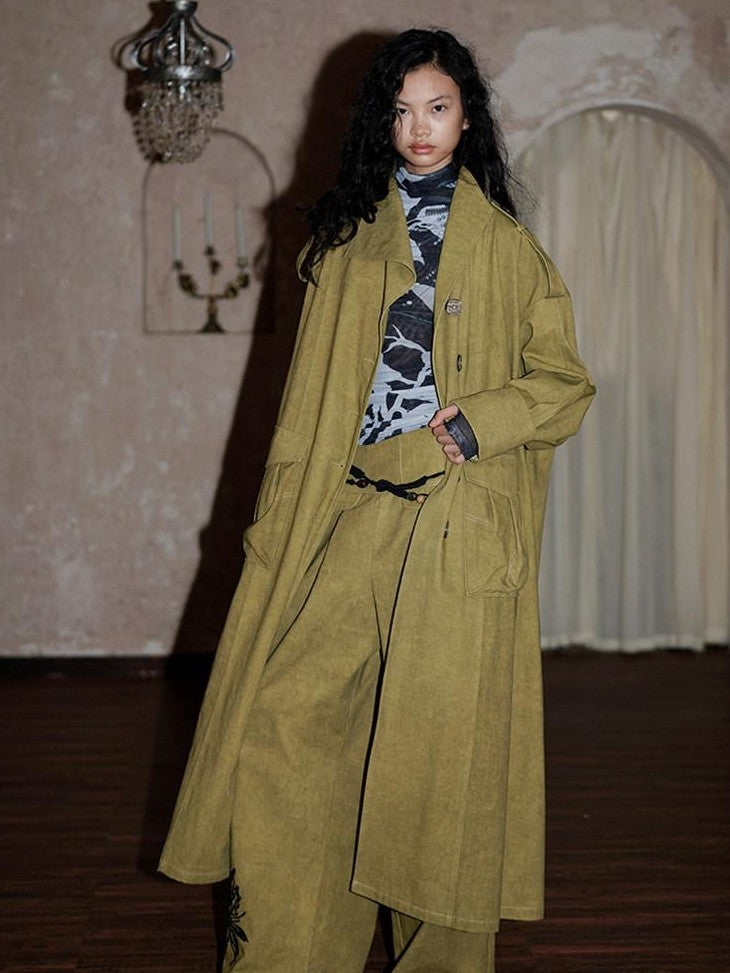 badtaste Tie Dye Scarf Two Piece Polo Collar Long Women's 100 Cotton Denim Trench Coats