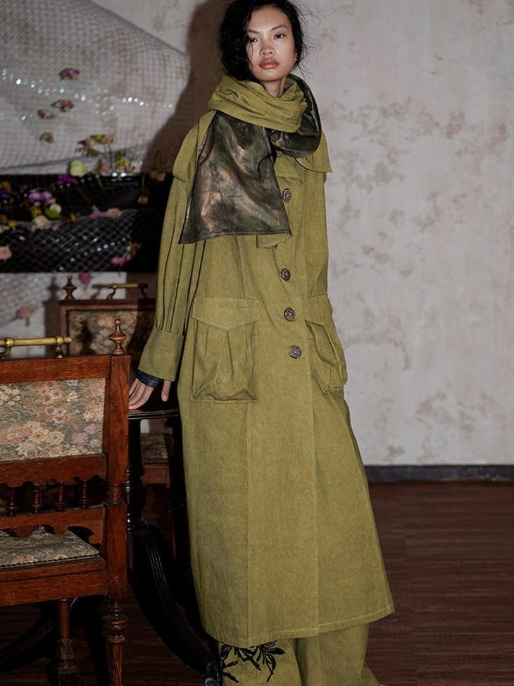 badtaste Tie Dye Scarf Two Piece Polo Collar Long Women's 100 Cotton Denim Trench Coats