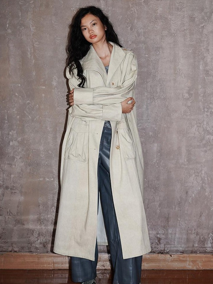 badtaste Tie Dye Scarf Two Piece Polo Collar Long Women's 100 Cotton Denim Trench Coats