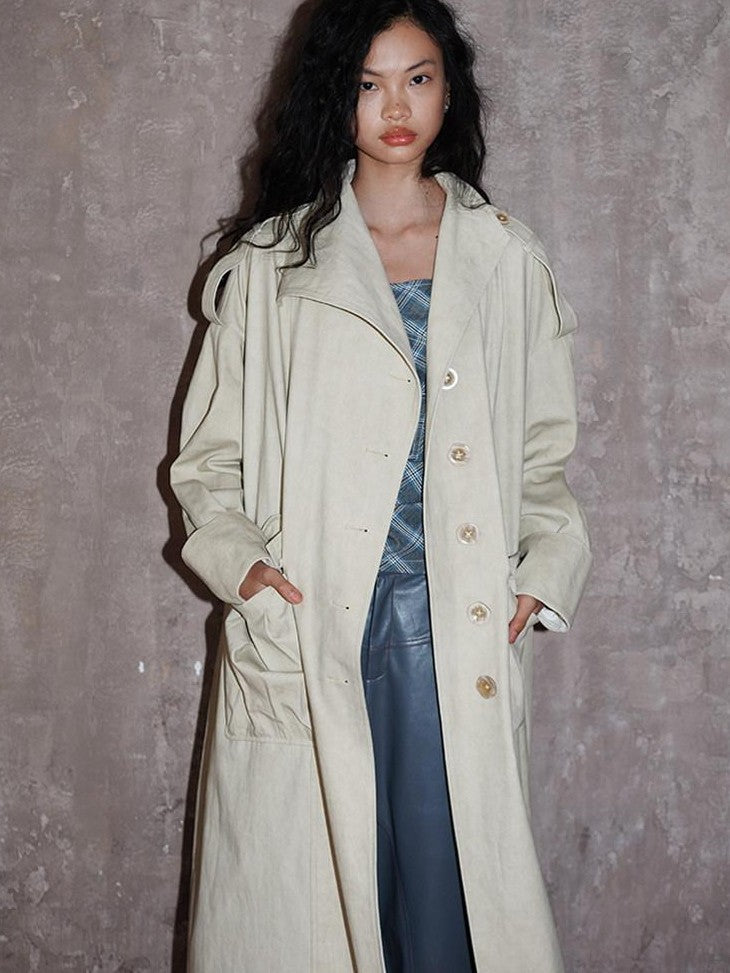 badtaste Tie Dye Scarf Two Piece Polo Collar Long Women's 100 Cotton Denim Trench Coats
