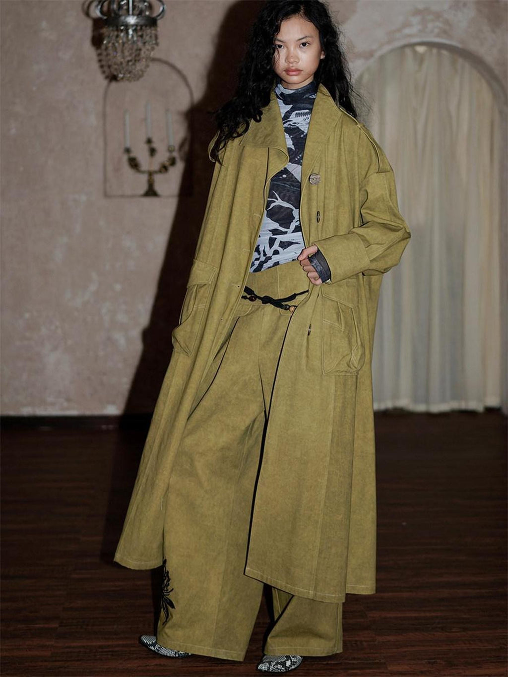 badtaste Tie Dye Scarf Two Piece Polo Collar Long Women's 100 Cotton Denim Trench Coats