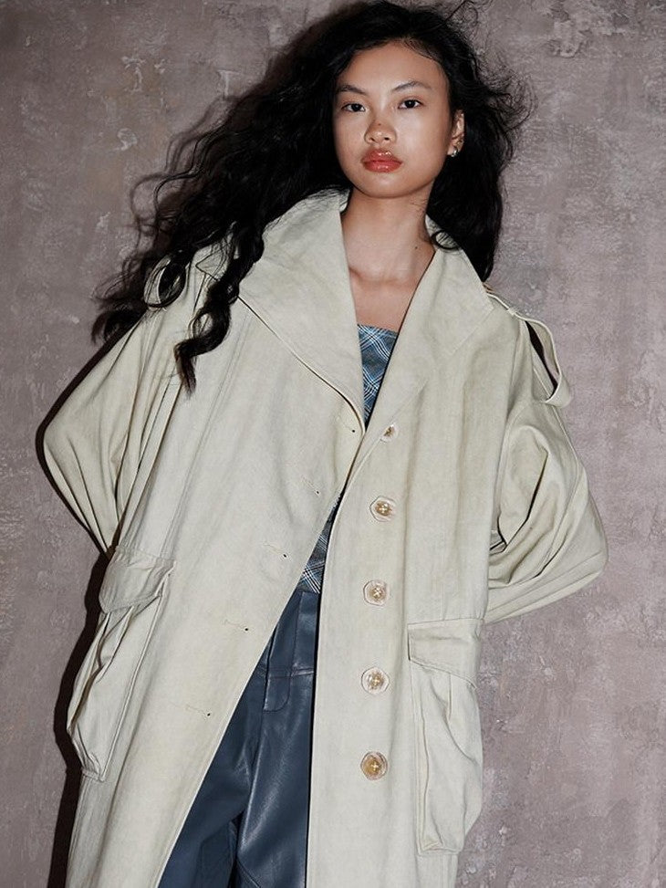badtaste Tie Dye Scarf Two Piece Polo Collar Long Women's 100 Cotton Denim Trench Coats