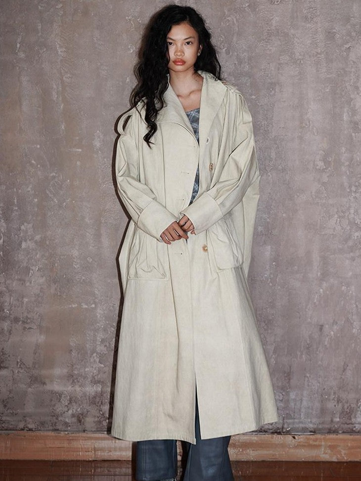 badtaste Tie Dye Scarf Two Piece Polo Collar Long Women's 100 Cotton Denim Trench Coats
