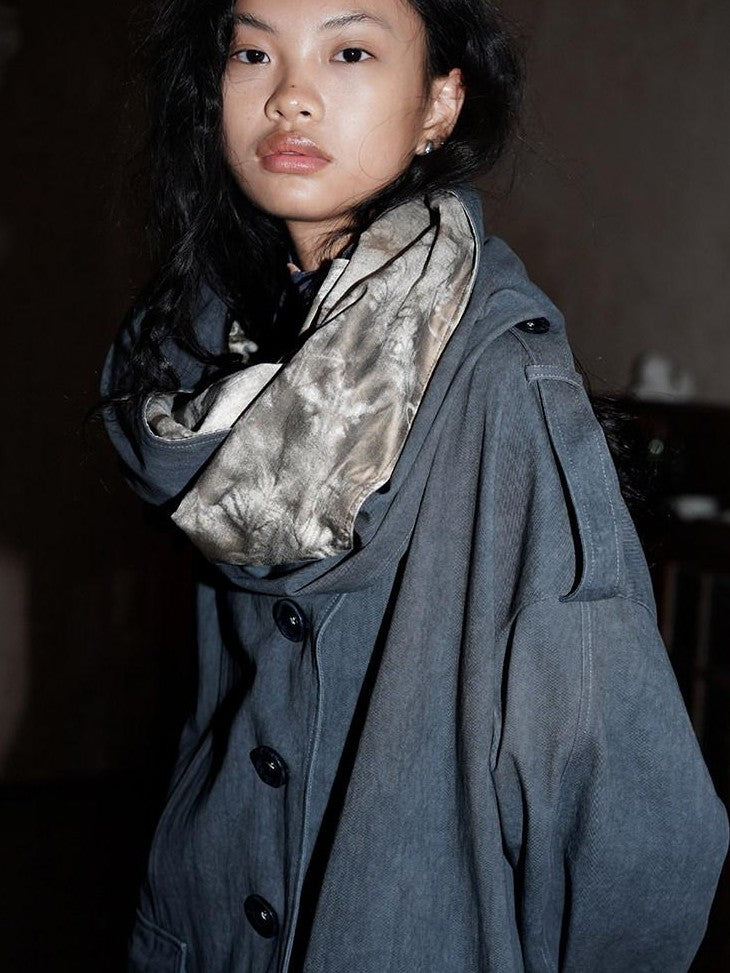 badtaste Tie Dye Scarf Two Piece Polo Collar Long Women's 100 Cotton Denim Trench Coats