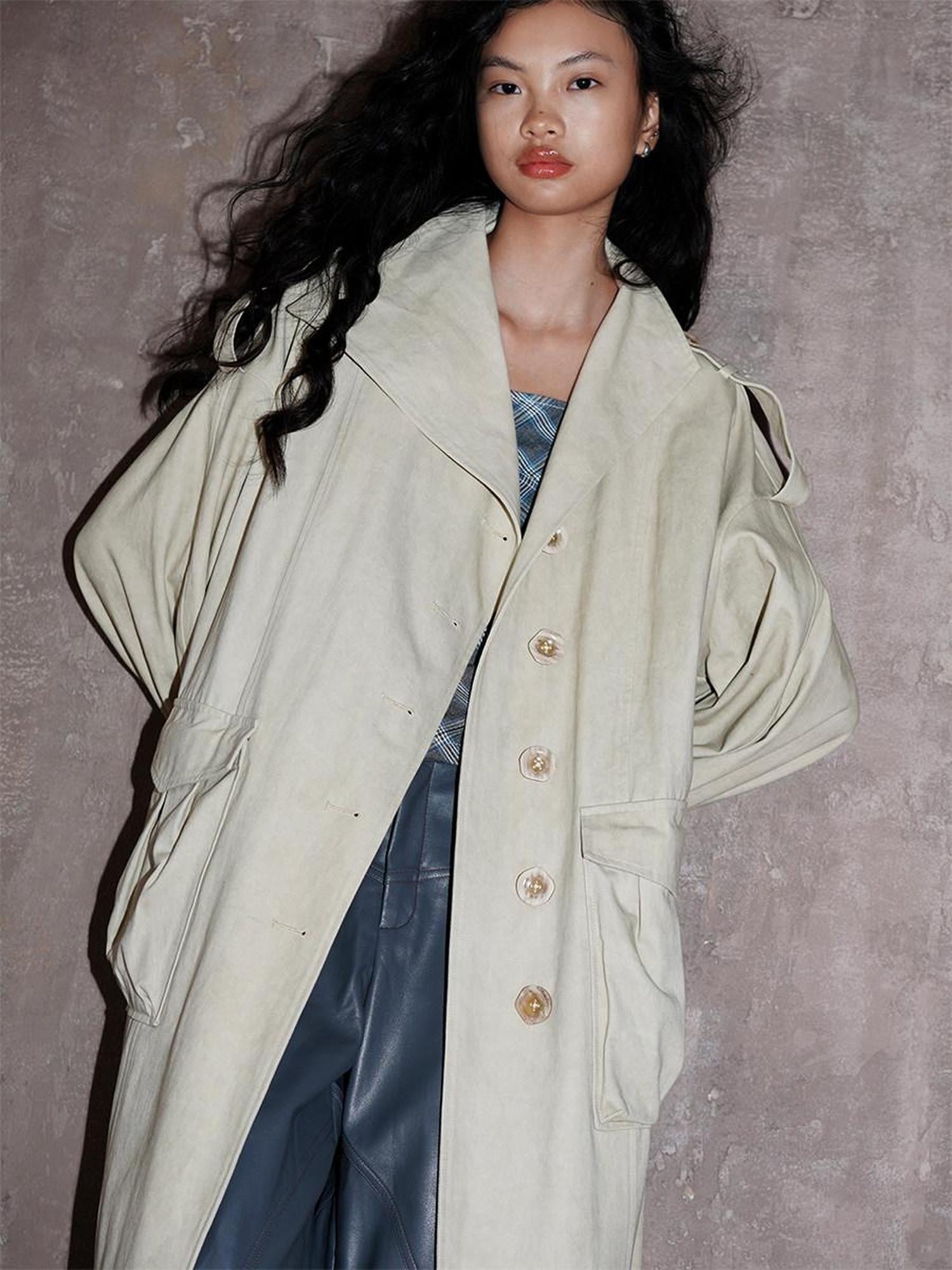 badtaste Tie Dye Scarf Two Piece Polo Collar Long Women's 100 Cotton Denim Trench Coats