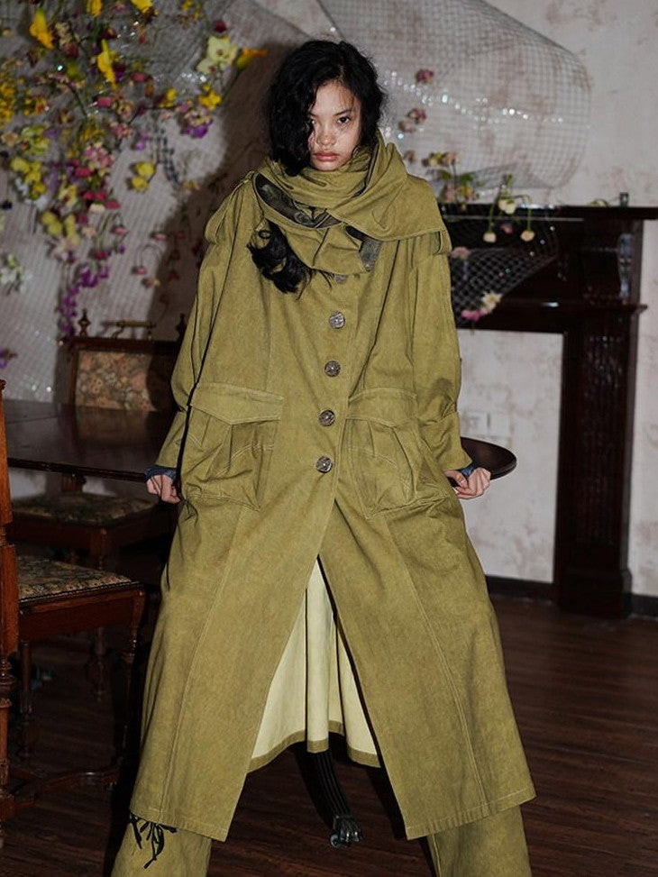 badtaste Tie Dye Scarf Two Piece Polo Collar Long Women's 100 Cotton Denim Trench Coats