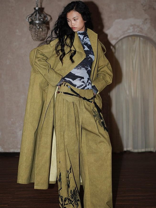 badtaste Tie Dye Scarf Two Piece Polo Collar Long Women's 100 Cotton Denim Trench Coats