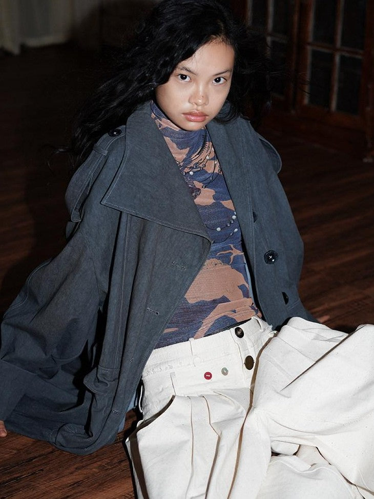 badtaste Tie Dye Scarf Two Piece Polo Collar Long Women's 100 Cotton Denim Trench Coats