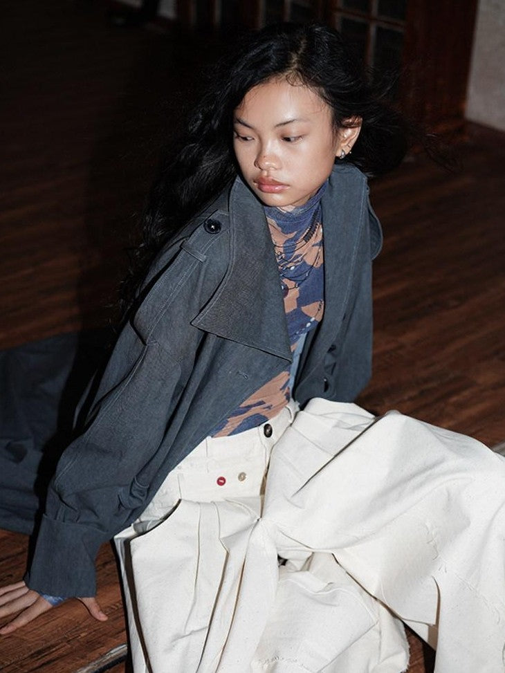 badtaste Tie Dye Scarf Two Piece Polo Collar Long Women's 100 Cotton Denim Trench Coats