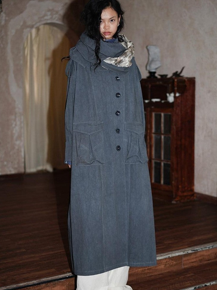 badtaste Tie Dye Scarf Two Piece Polo Collar Long Women's 100 Cotton Denim Trench Coats